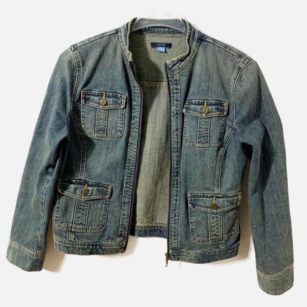 Nautica Full Front Zip Flap Pockets Mandarin Collar Cotton Denim Jean Jacket 🔵